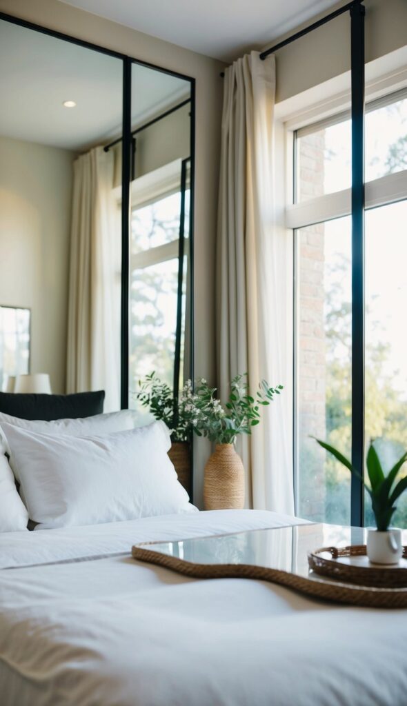 A cozy small bedroom with natural light illuminating the space, featuring a neatly made bed and a stylish layout.