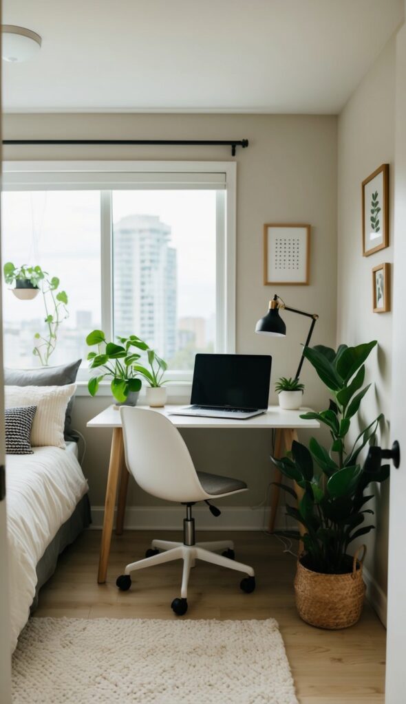 A small bedroom featuring a compact workstation with a desk, chair, and plants, designed for productivity.