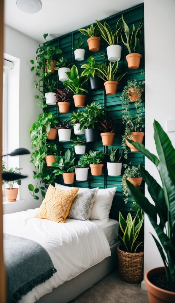 A small bedroom featuring a vertical garden on the wall with various plants in pots, creating a fresh and lively atmosphere.