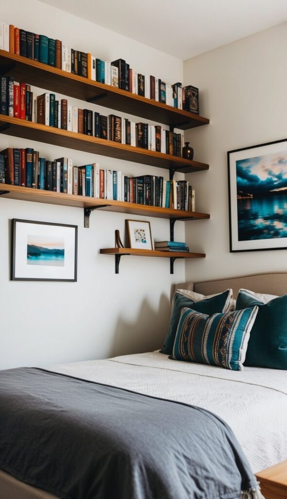 Small bedroom with wooden shelves displaying books and art above a bed.