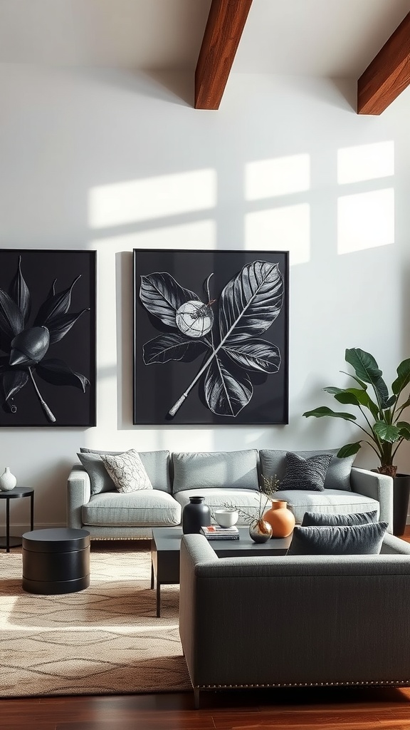 A modern living room featuring a gray sectional sofa, circular black coffee table, and black and white art pieces on the wall.