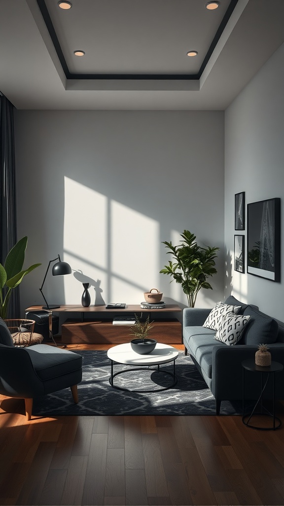 Cozy living room with dark furniture, light walls, and plants