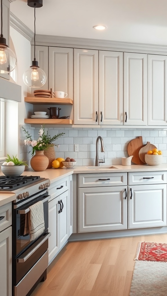 A kitchen featuring light gray cabinets with bold red accents, including a red hood and cabinetry, creating a vibrant and inviting atmosphere.