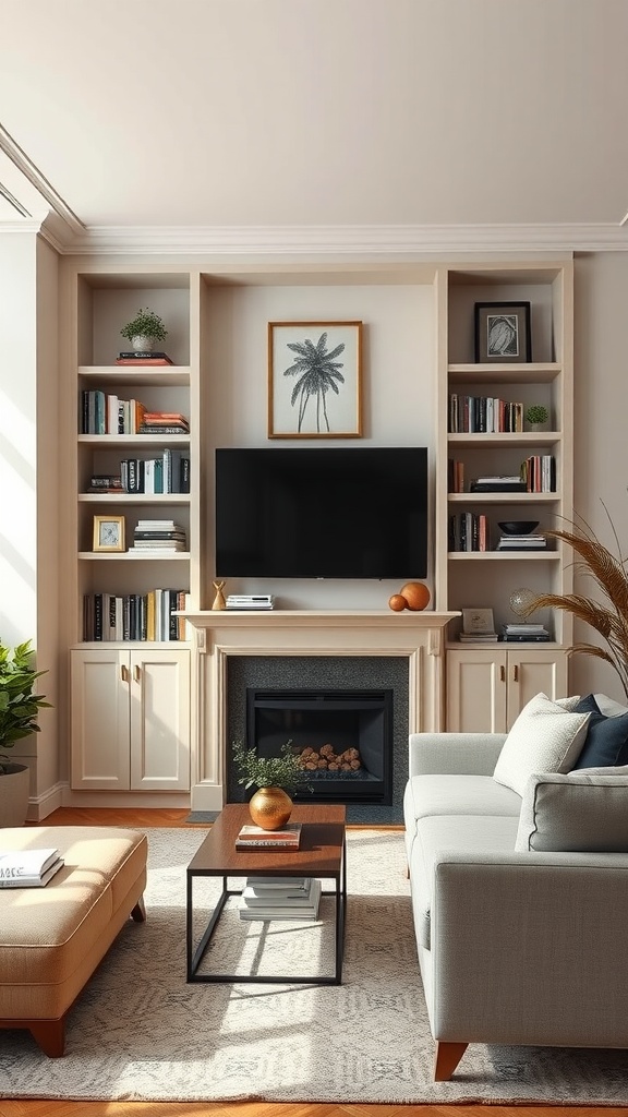 Modern living room with built-in shelving, a TV, a fireplace, and a cozy seating area