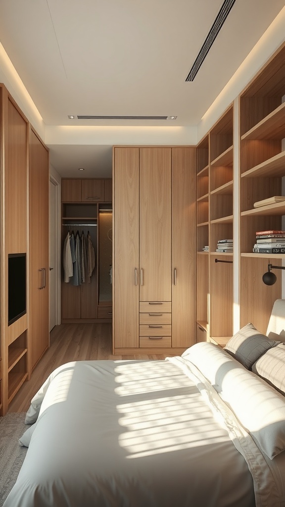 A small bedroom featuring built-in wooden storage solutions.