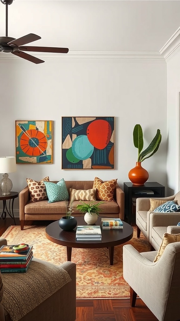 A stylish living room with culturally inspired artwork and cozy furnishings.