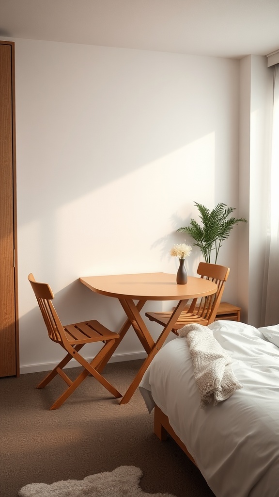 A small bedroom featuring a foldable table and chairs, showcasing efficient use of space.