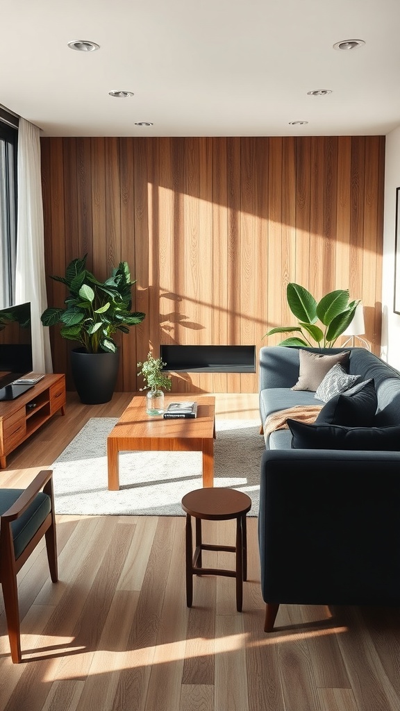 A stylish black living room featuring wooden accents and indoor plants.