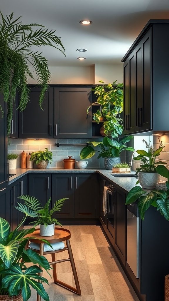 A modern kitchen with dark gray cabinets and vibrant green plants.