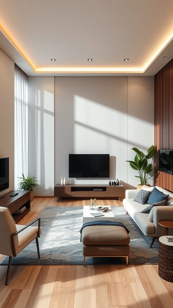 A modern living room with a mounted TV, stylish furniture, and soft lighting