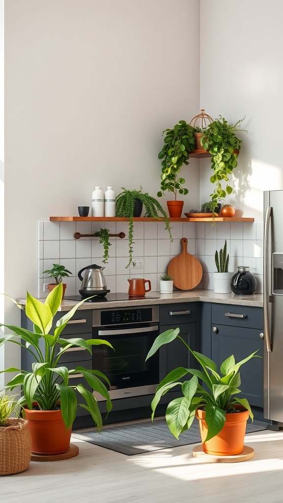 A bright kitchen featuring indoor plants in decorative pots, creating a fresh and inviting atmosphere.