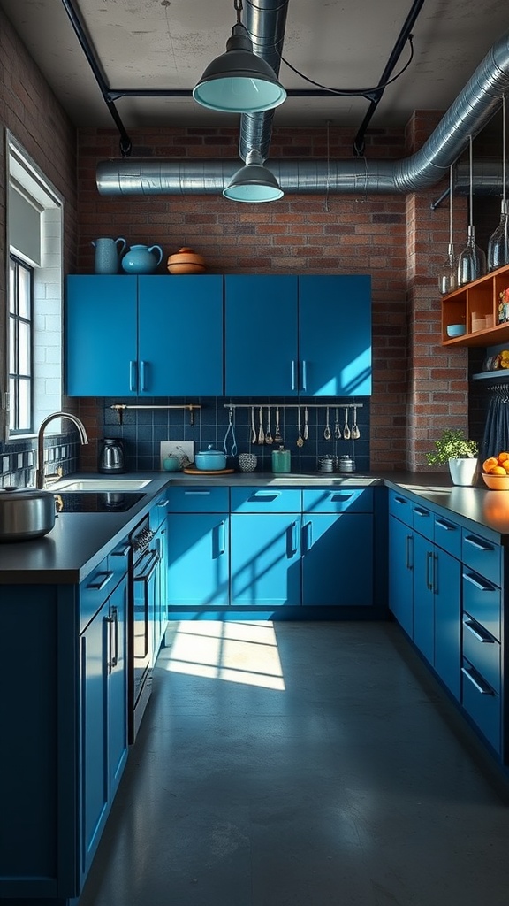 Industrial blue kitchen featuring blue cabinets, metal accents, and warm lighting