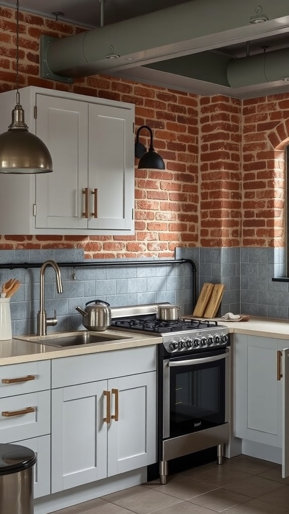 Modern industrial kitchen with light gray cabinets and exposed brick walls