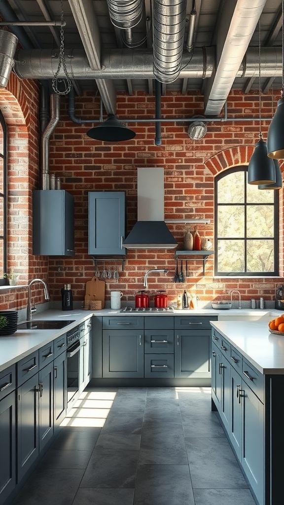 A modern gray kitchen with industrial design elements, featuring gray cabinets, metal fixtures, and an exposed brick wall.