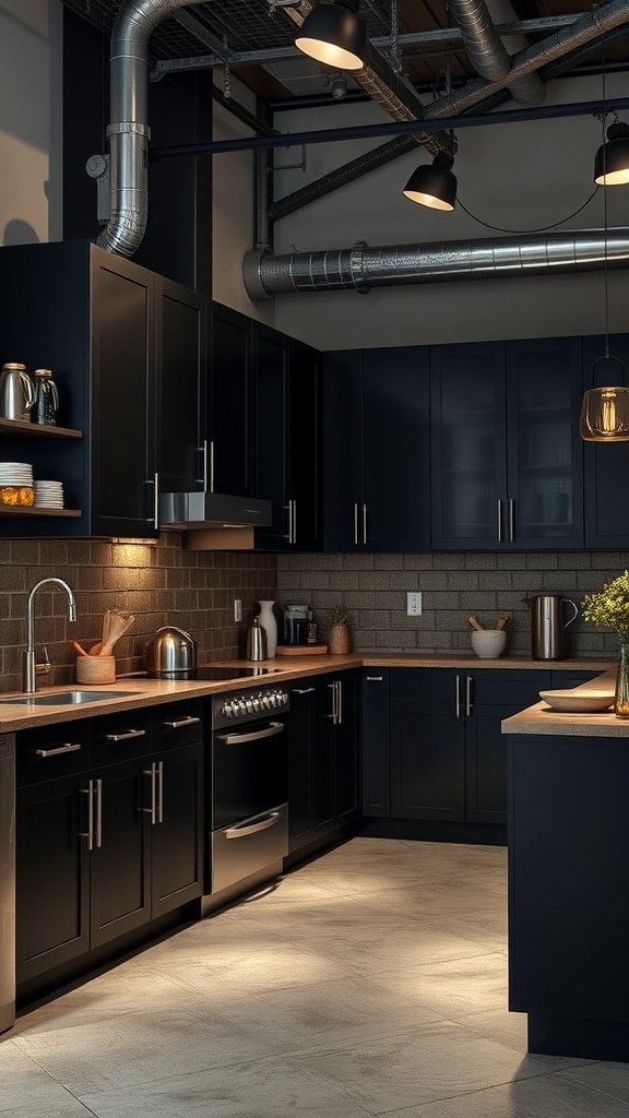 A modern industrial kitchen featuring black cabinets, metal accents, and warm wooden elements.