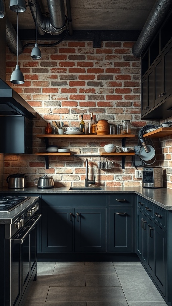 A dark gray kitchen featuring industrial style elements like metal fixtures and an exposed brick wall.