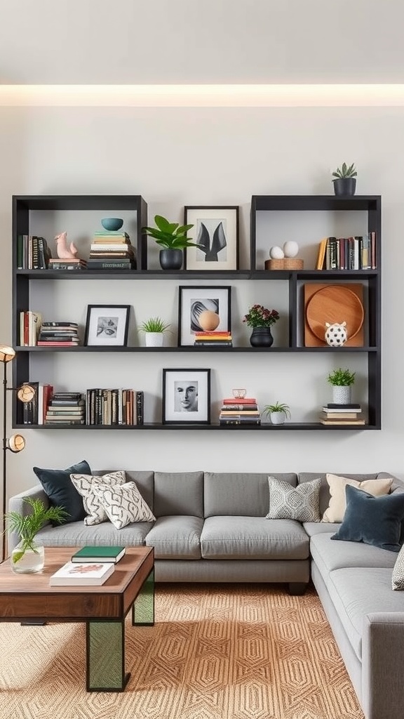 A modern living room with innovative black wall shelves displaying various items and decor.