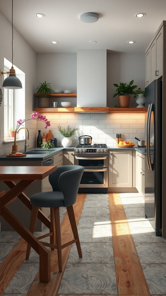 A modern kitchen with a mix of wooden and tiled flooring, showcasing a stylish and inviting design.