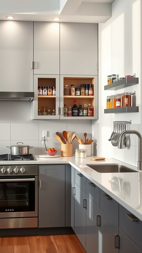 A modern kitchen with innovative storage solutions, featuring glass cabinet doors, open shelving, and organized utensils.