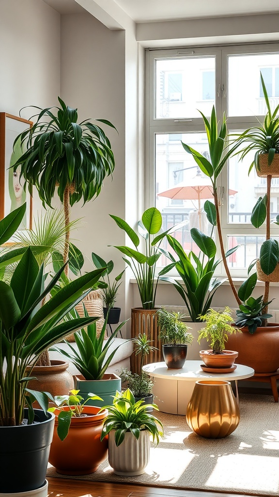 A bright living room filled with various indoor plants in stylish pots