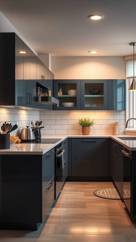 A modern kitchen featuring dark gray cabinets and integrated smart technology.