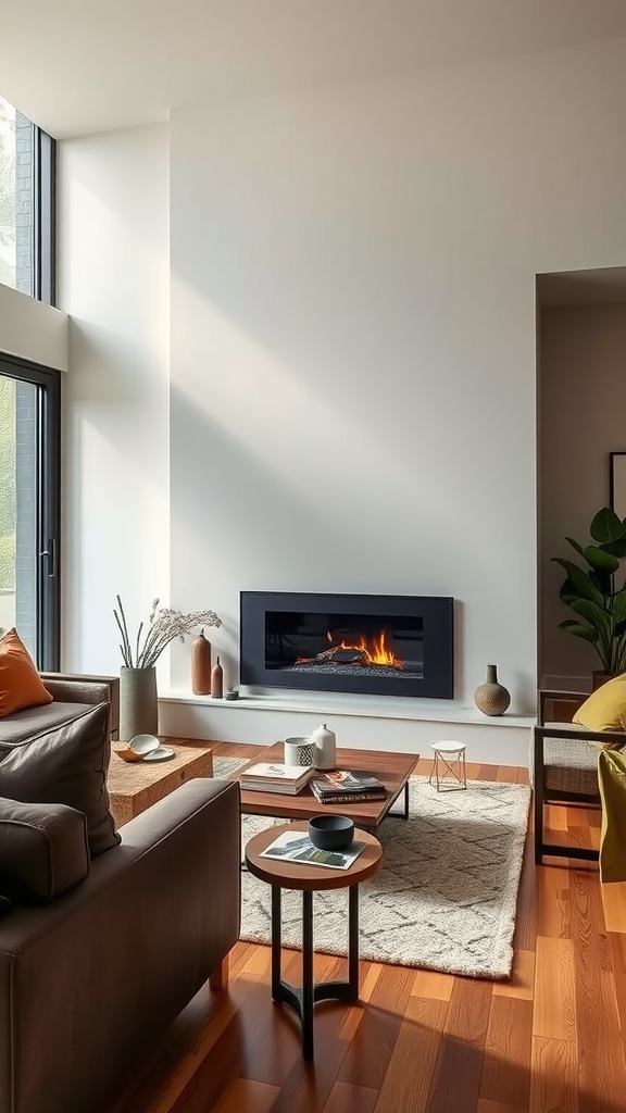 A modern black fireplace in a bright living room with wooden flooring and cozy decor.