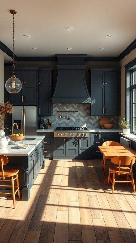 A modern kitchen featuring dark gray cabinets, bright wooden floor, and cheerful orange chairs.