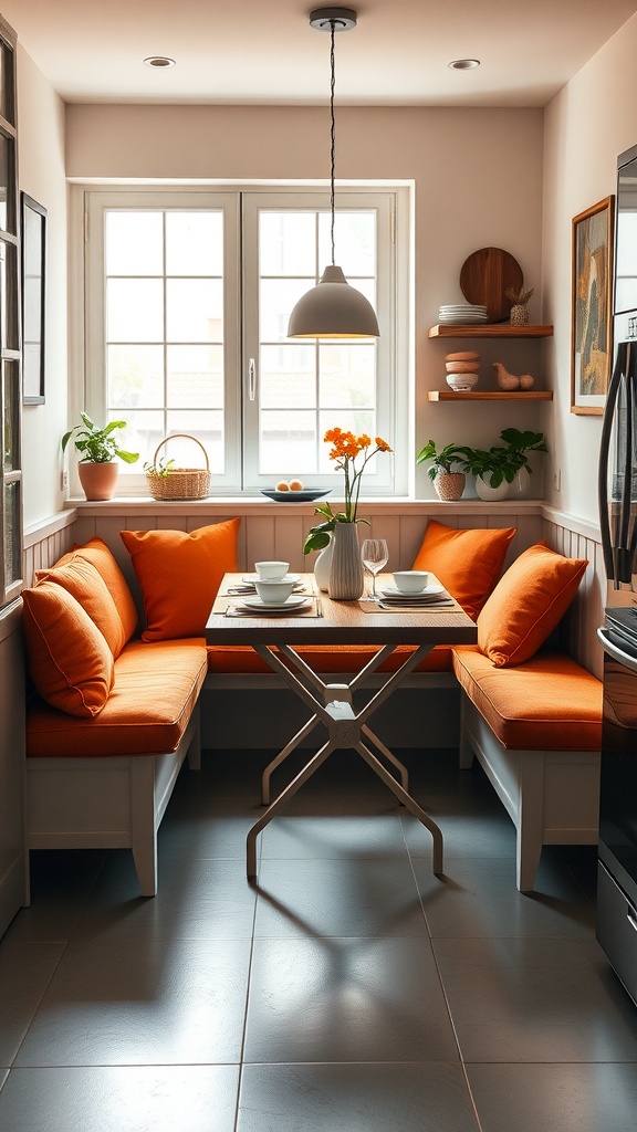 Bright orange kitchen nook with cozy seating, table, and plants