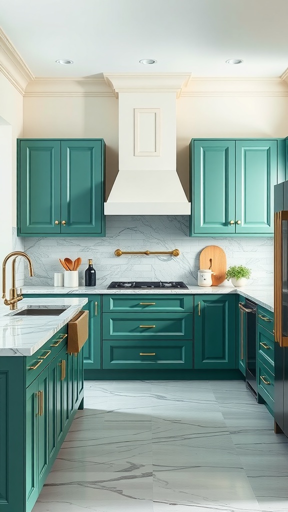 A stylish kitchen featuring jade green cabinets with gold hardware and marble countertops.