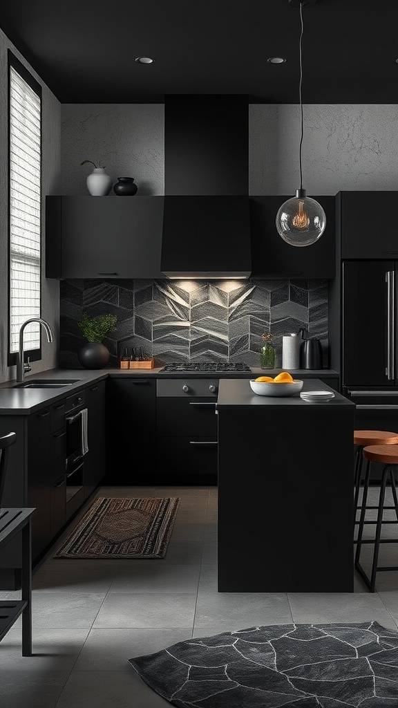 Modern black kitchen with textured walls and wooden table.