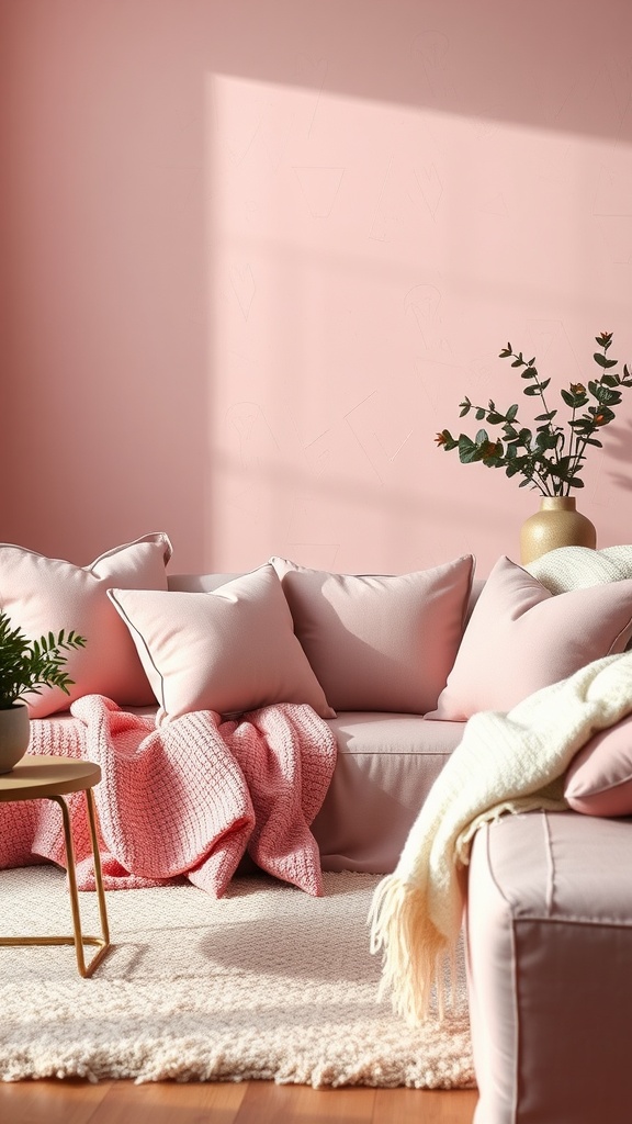 A cozy pink living room with layered textures, featuring pink sofa, cushions, a knitted blanket, and a plant.