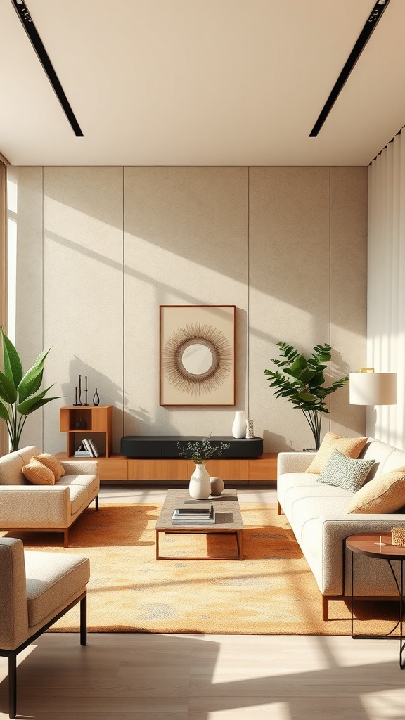 A beige living room featuring soft beige sofas, a textured rug, wooden furniture, and plants, creating a warm and inviting atmosphere.