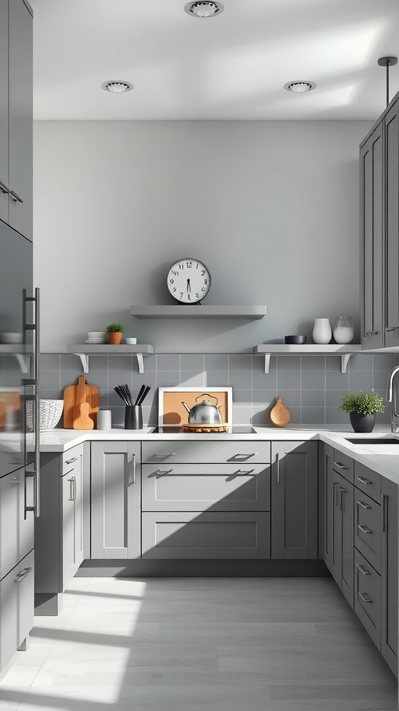 Light gray kitchen with layered gray cabinets and modern decor