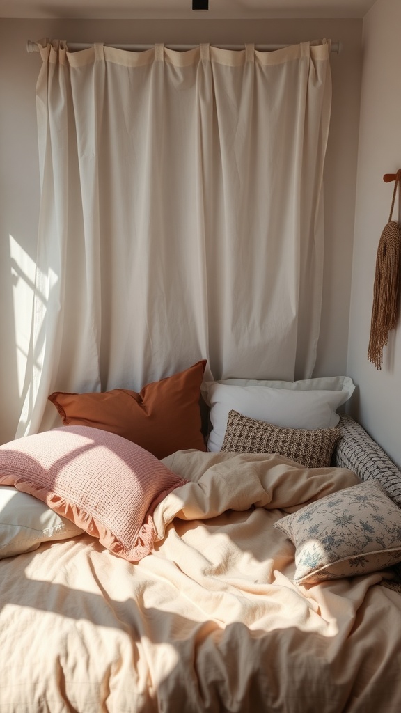 A cozy bed with layered pillows and blankets in a small bedroom.