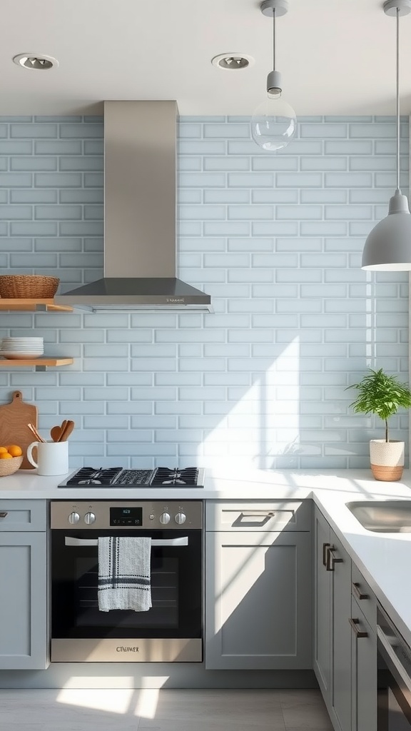 A modern kitchen featuring a light blue subway tile backsplash, gray cabinets, and stainless steel appliances.