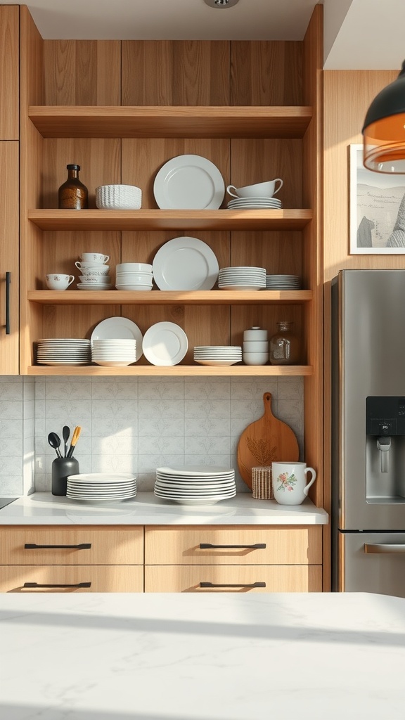 Light brown open shelving with white plates and decorative items in a modern kitchen