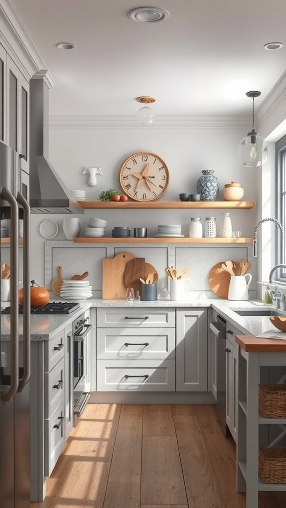 A coastal kitchen featuring light gray cabinets, wooden shelves, and a bright atmosphere.