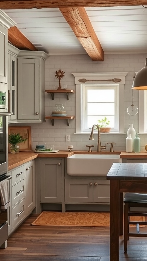 A rustic kitchen featuring light gray cabinets, a farmhouse sink, and wooden beams.