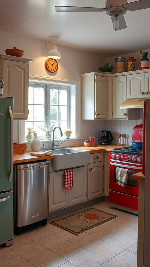 A vintage kitchen with light gray cabinets, wooden flooring, and natural light.