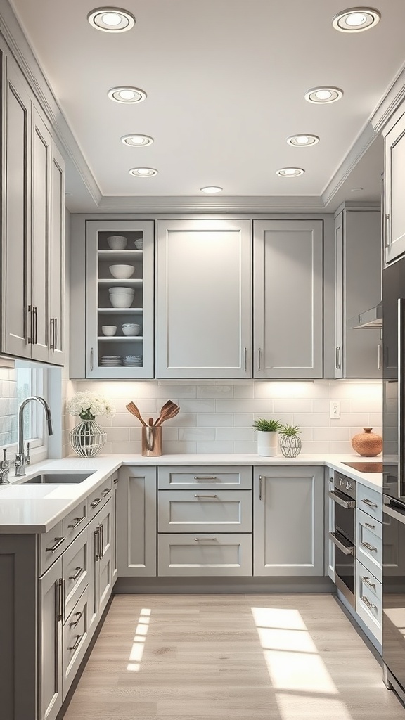 A modern kitchen with light gray cabinets, bright recessed lighting, and white countertops.