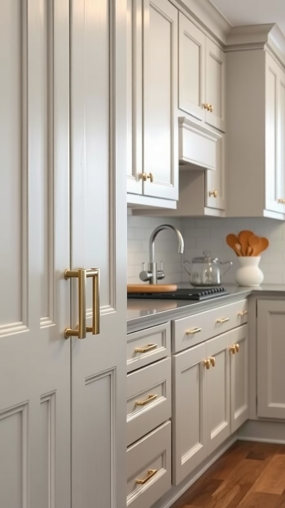 Light gray kitchen cabinets with gold hardware