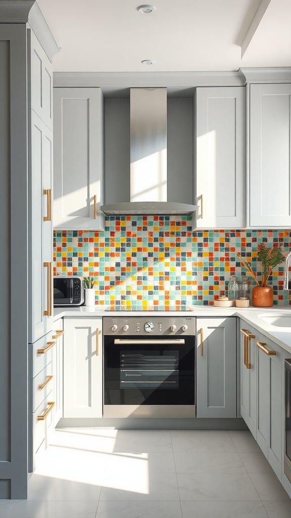 Light gray kitchen cabinets with a colorful backsplash featuring mosaic tiles.