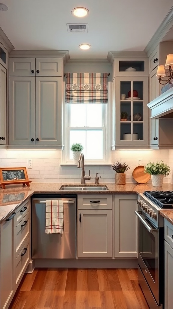 A modern kitchen with light gray cabinets, golden accents, plants, and colorful decorations.