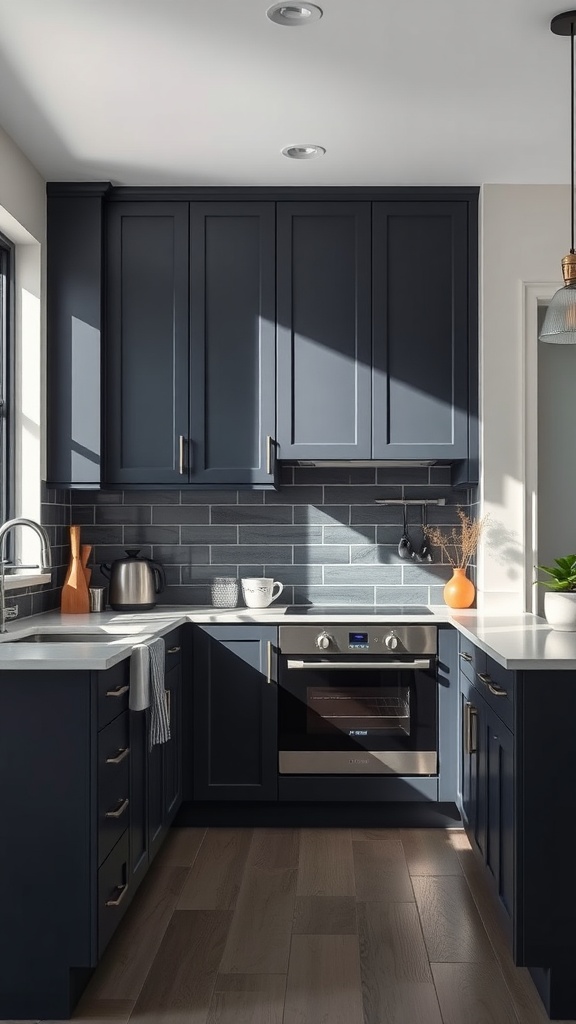 A modern kitchen featuring dark gray cabinets and light gray walls, showcasing a balanced and inviting design.