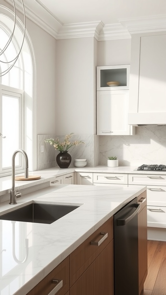 A neutral kitchen featuring light stone countertops, modern cabinetry, and a sleek sink