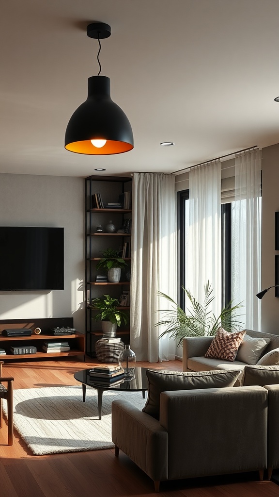 A modern black living room with a pendant light and large windows, showcasing effective lighting solutions in a dark space.