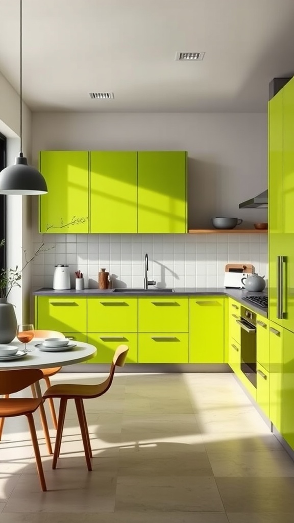 A modern kitchen featuring lime green cabinets, a round table, and orange accents.