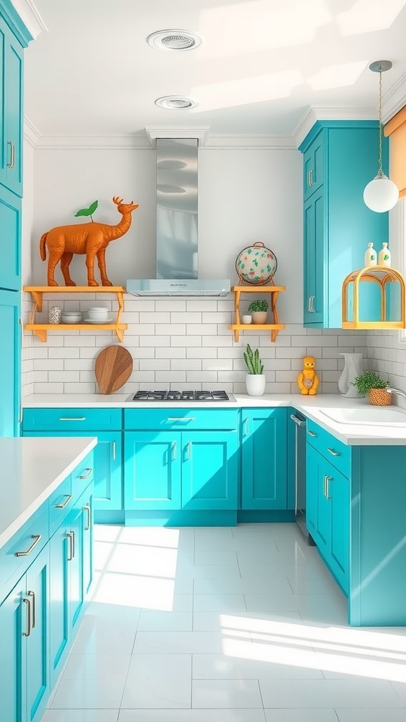 A bright turquoise kitchen with white countertops and playful decor