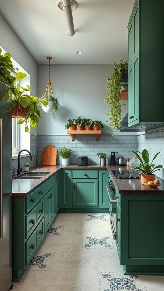 A bright kitchen with green cabinets and numerous plants, showcasing a blend of nature and cabinetry.