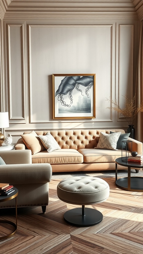 Luxurious beige velvet sofa in a stylish living room with wooden flooring and modern decor.